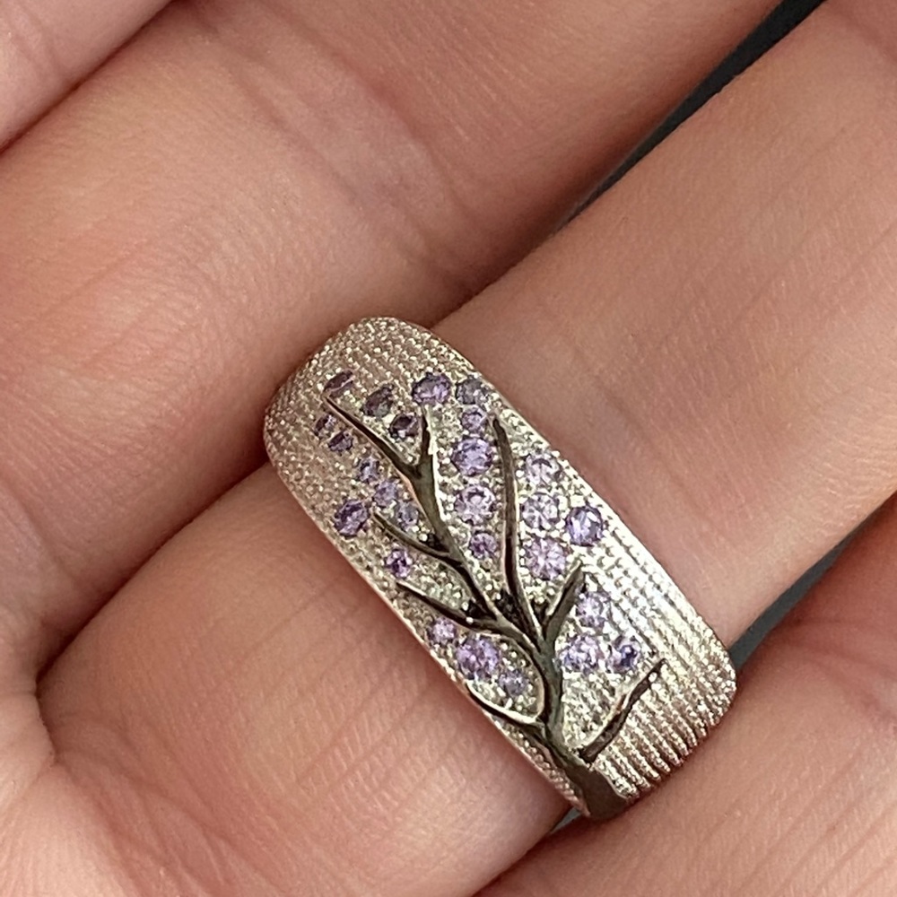 New 925 Silver Tree Branch Purple Crystal Ring - Picture 1 of 8